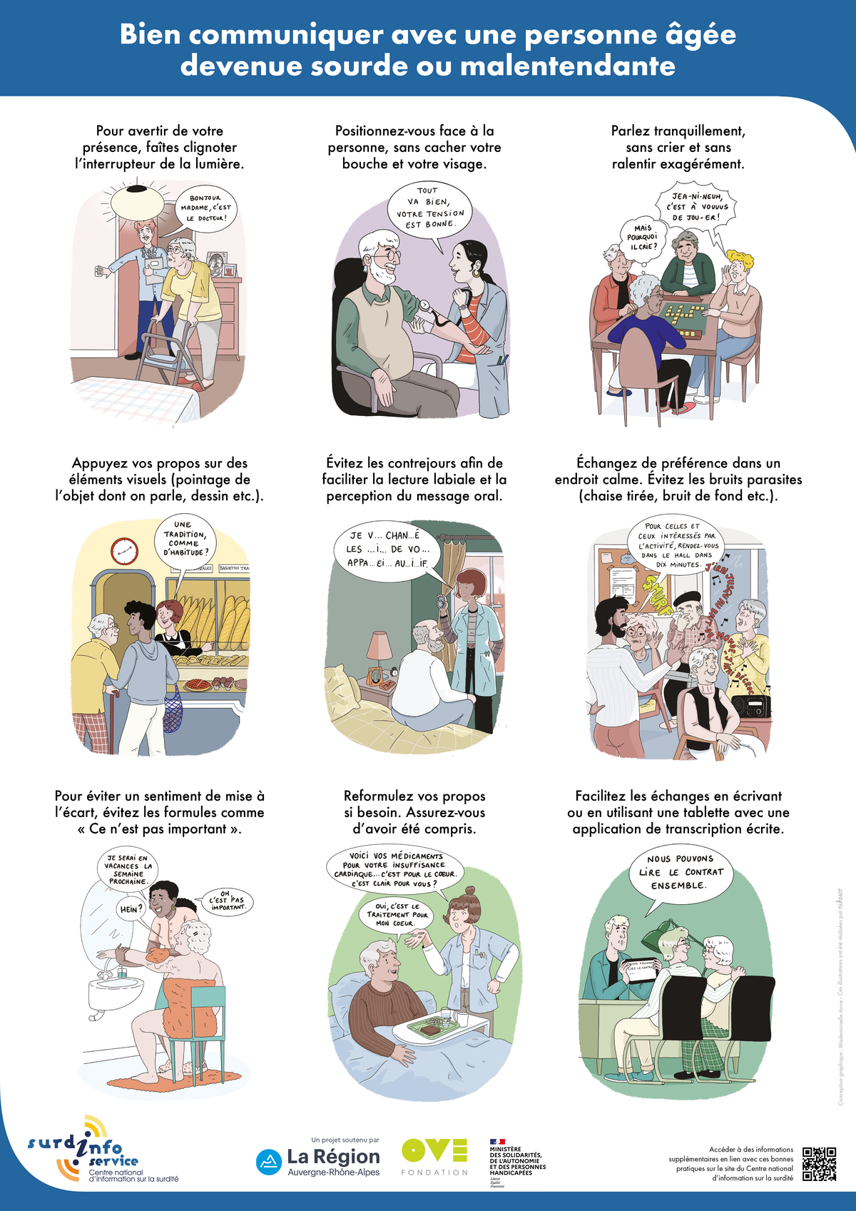 Affiche avec 9 dessins "Bien communiquer avec une personne âgée devenue sourde ou malentendante".